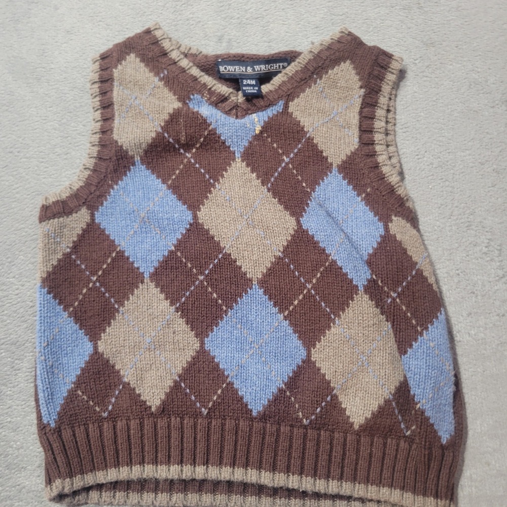 Bowen & Wright Sweater Vest Boys 24M Brown Argyle V-Neck Preppy Classic Knit‎